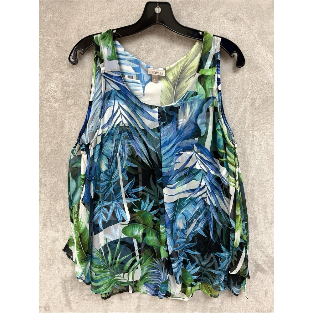 Roz‎ & Ali Top Women's XL Vacation Tropical Coastal Blue Sleeveless Flowy Blouse
